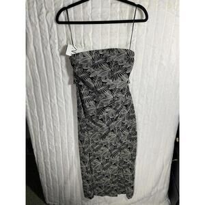 Zara black and ivory strapless tropical Jacquard midi dress slit tie back Medium